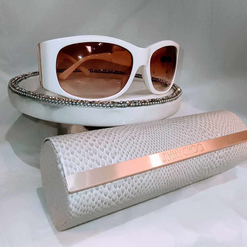 JIMMY CHOO White Sunglasses with Gold & Snakeskin Pattern Accent and with Case